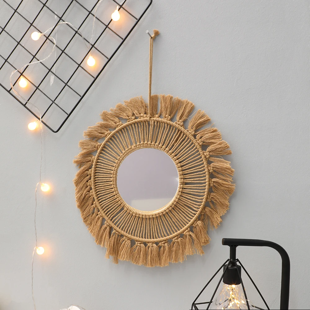 

Macrame Wall Mirror Creative Simple Style Handmade Round Hand-woven Wall Art Nordic Bedroom Home Decor Wall Hanging Decoration