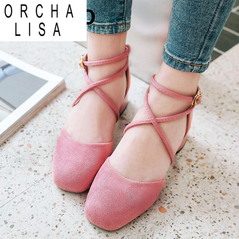 ORCHA LISA 2025 Sweet Women Sandals Square Toe Flock Suede Chunky Heels 6cm Buckle Strap Large Size 41 42 43 Soft Dating Shoes