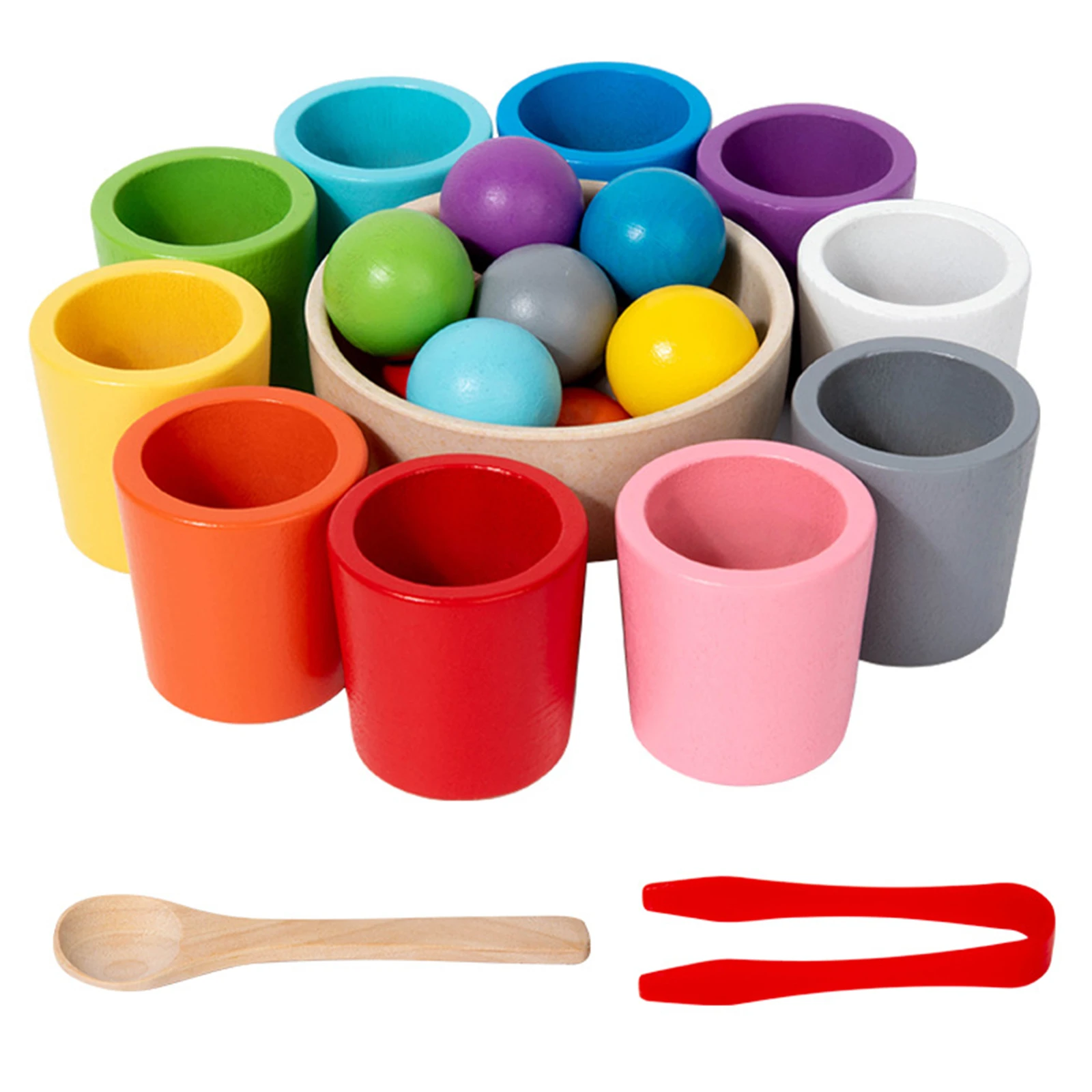 Rainbow Balls in Cups Wooden Matching Game Learning Color Sorting & Counting Activities Ball Montessori Toy for Toddlers