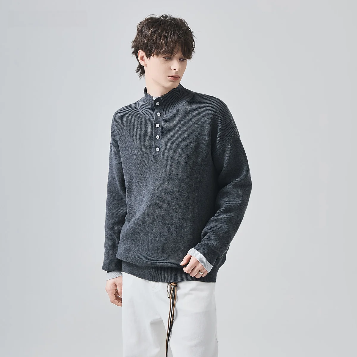 

Мужской свободный вязаный свитер с высоким воротником из смесовой шерсти для осени и зимы, модная повседневная одежда для молодежи, гарантированное тепло