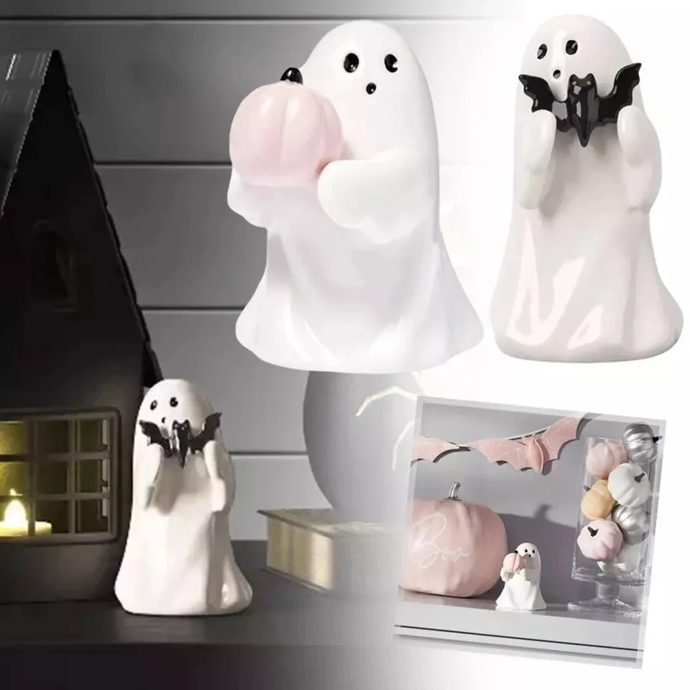 

2Pcs Resin Bat Ghost Figurine Home Ornament Spooky Resin Ghost Bat Figurine Holding Pink Pumpkin Ghost for Living Room Bar Decor