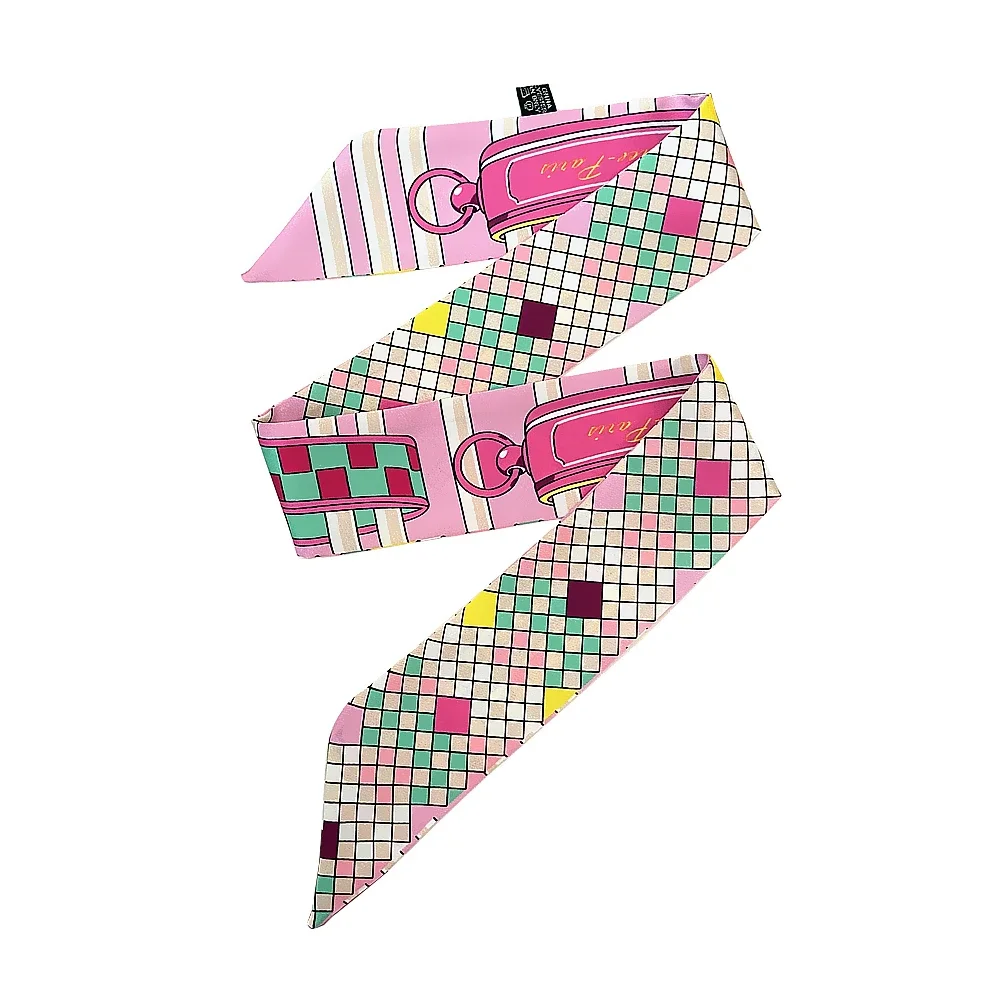 New Lattice Chain Women's Fashion Twill Silk Ribbon Scarf Hair Bandana Handbag Handle Wrap Bag Handmade Long Neck Wrap for Women view 5