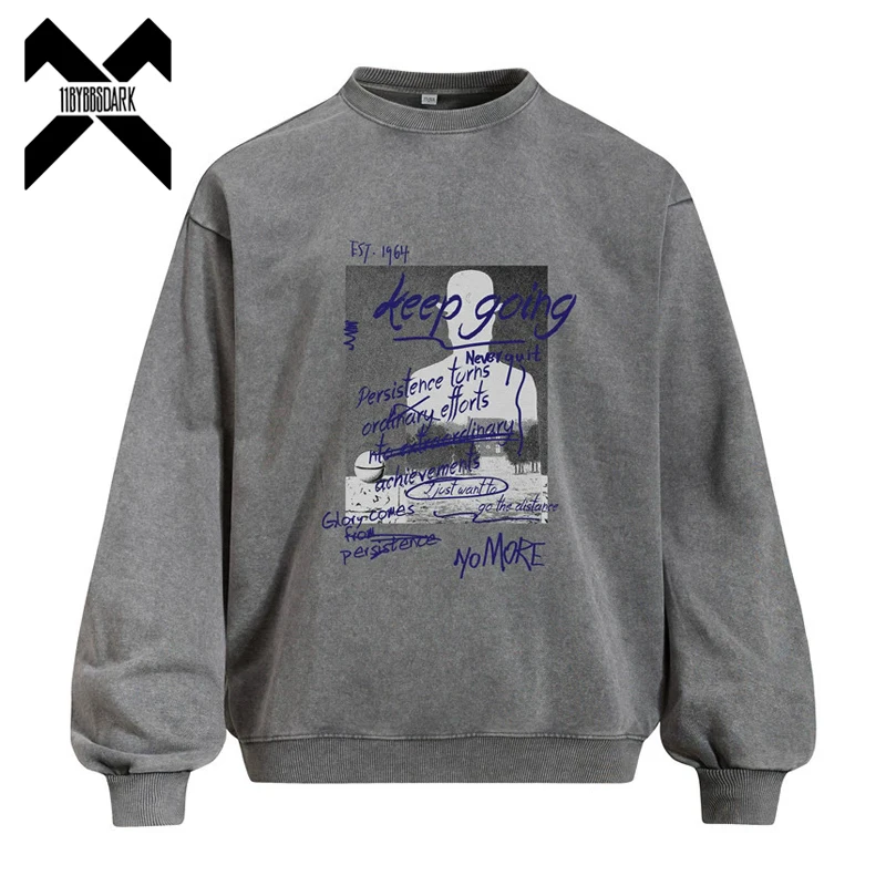 Men's Vintage Wash Letter Graffiti Sweatshirt Oversized Pullover Casual Streetwear Top Spring Autumn