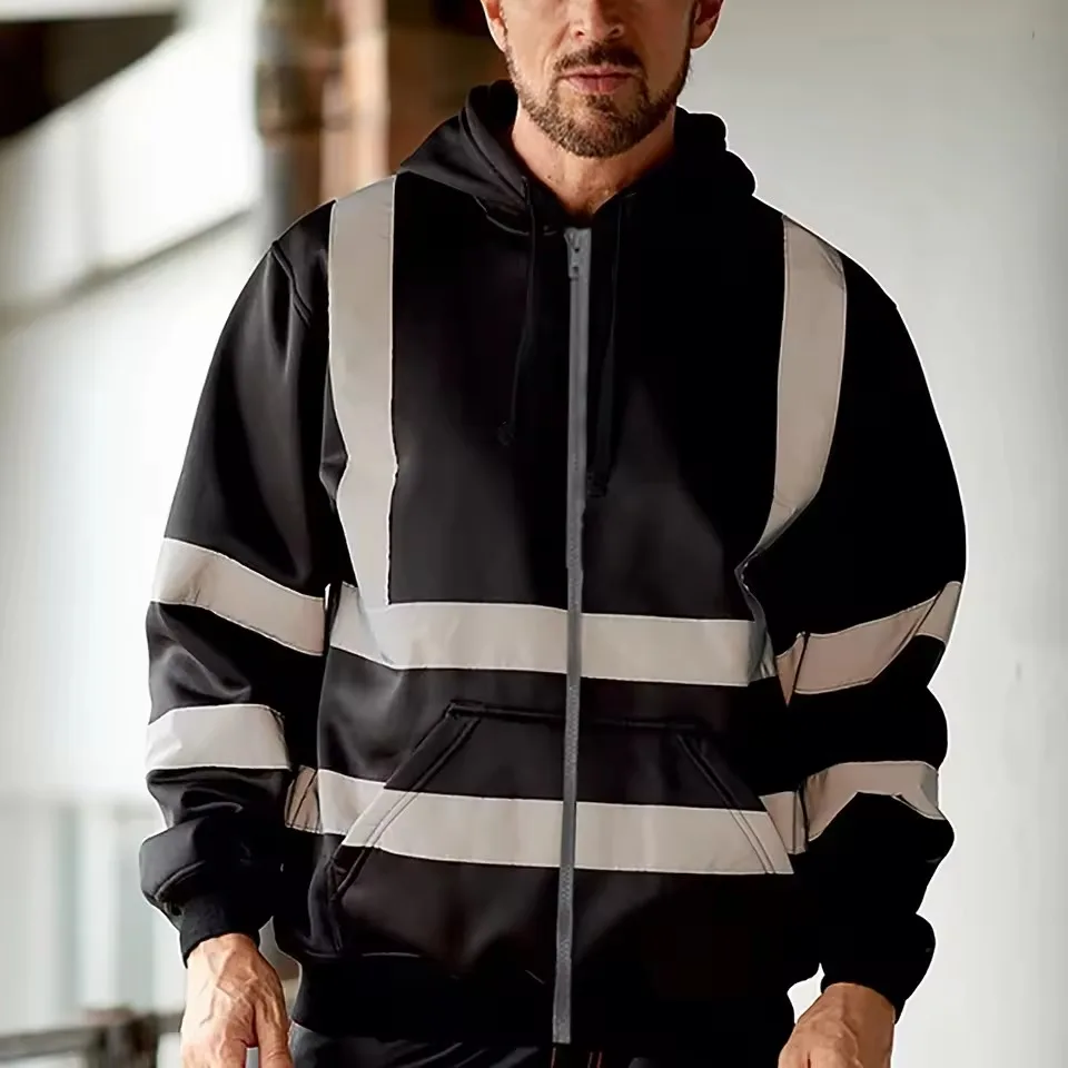 

Reflective Hoodie Reflective Strip Men's Hoodie Coat with Drawstring Closure for Outdoor Work Safety Warm for Cold-proof
