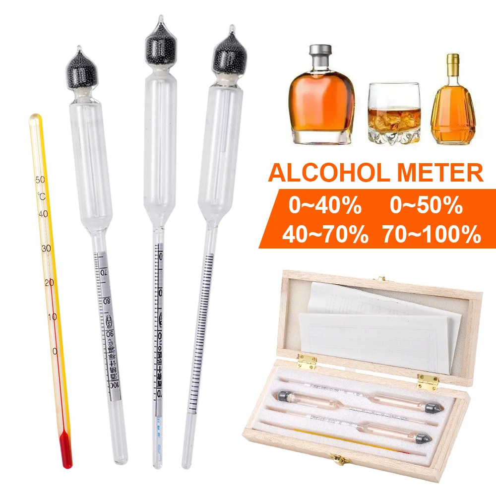 Juego de medidor de Alcohol, Detector 0-100%, alcoholímetro + termómetro, hidrómetro de vino, herramienta de medición de concentración de Alcohol, 4 Uds.