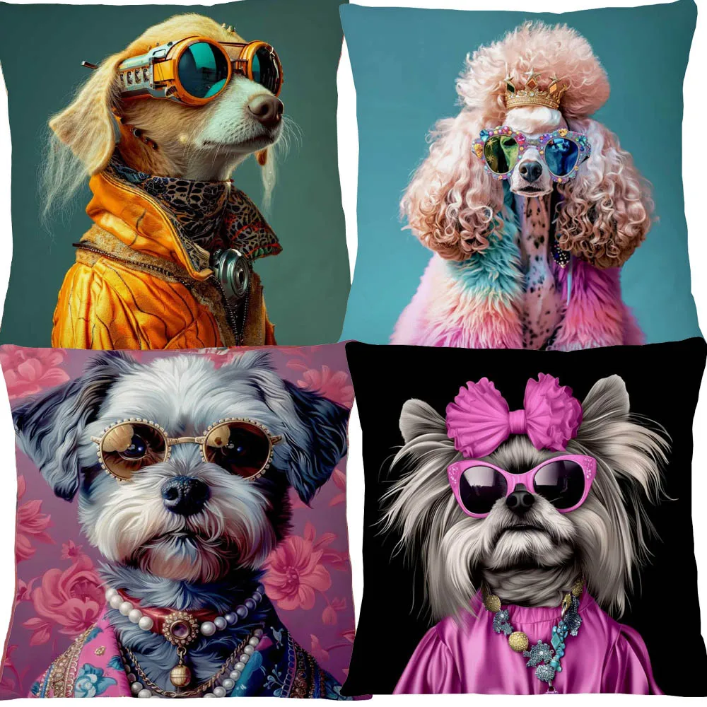 European Fashion Dog with Glasses Poodle Schnauzer Animals Portrait Poster Cushion Covers Pillowcase for Sofa
