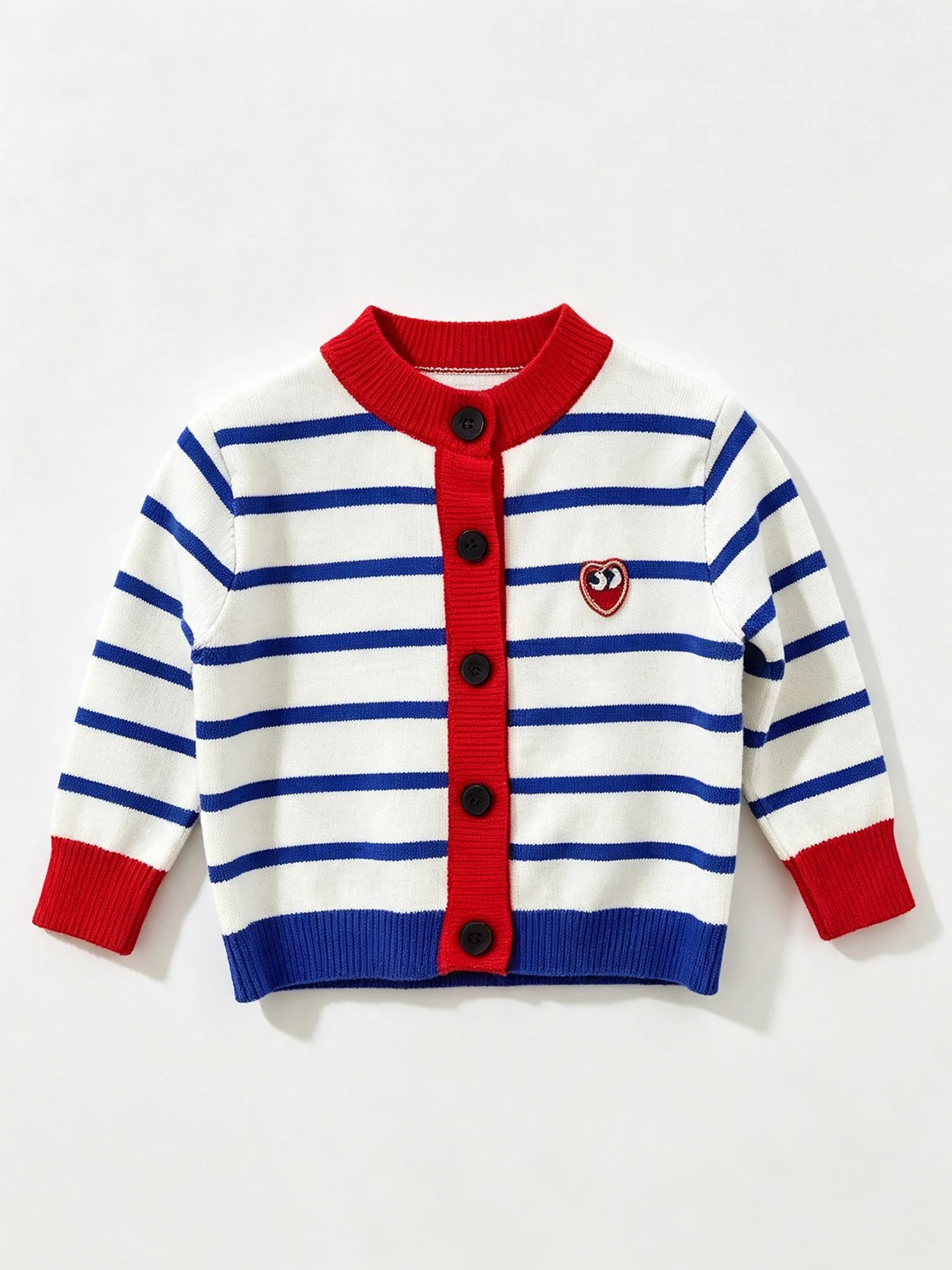 Infant Color Block Striped Knitted Cardigan, Round Neck Button Front Heart Pattern Sweater Jacket, Soft Lightweight