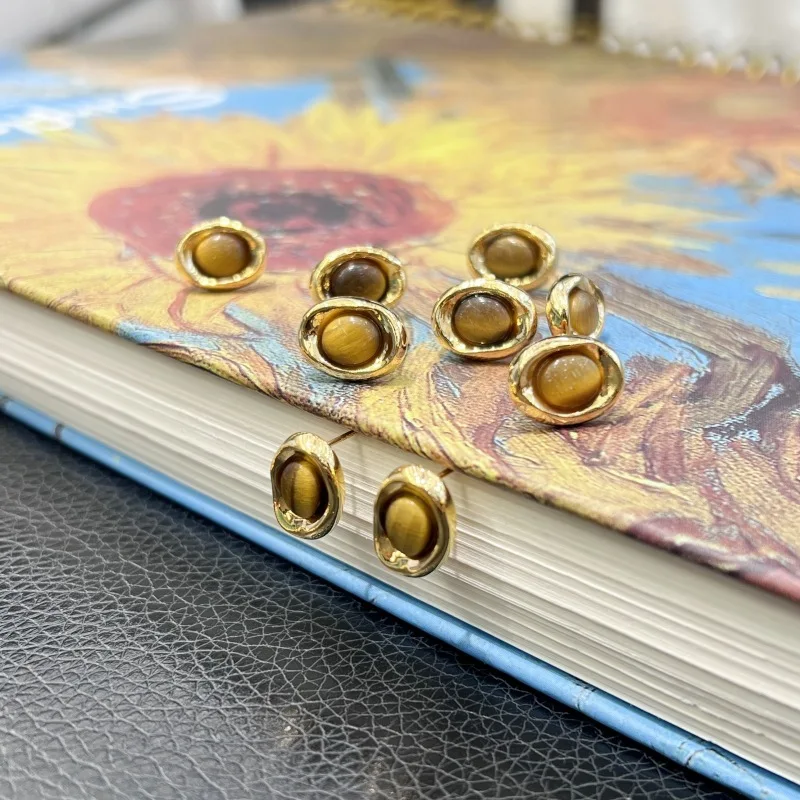 

LABB Real 18K Gold Tiger Eye Stone Earrings Au750 Gold Inlaid Natural Gemstone Earrings Women's Boutique Jewelry Gift E130