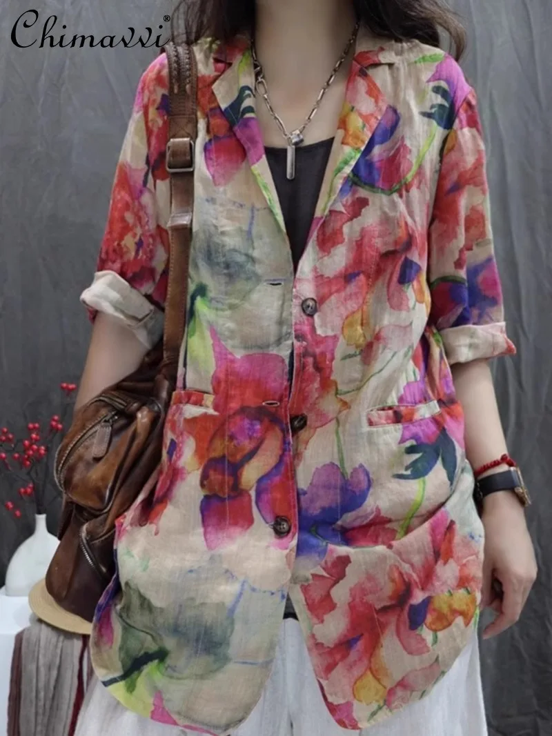 

2024 Vintage Printed Cotton and Linen Autumn Loose Casual Long-Sleeved Sunscreen Linen Jacket For Women