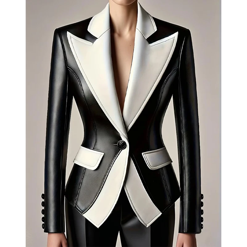 Blazer Kulit PU Blok Warna untuk Wanita Jaket Lengan Panjang Kerah Berlekuk Kancing Tunggal Pakaian Luar Wanita Kantor Musim Gugur Atasan Bergaya