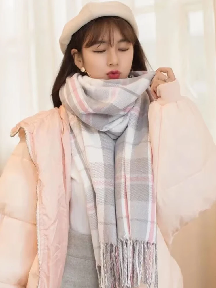 Imitation Cashmere Women Korean Style Vintage Scarf Sweet Plaid Winter Warm Shawl Long Wrap Bandana Comfortable Soft Wild Female