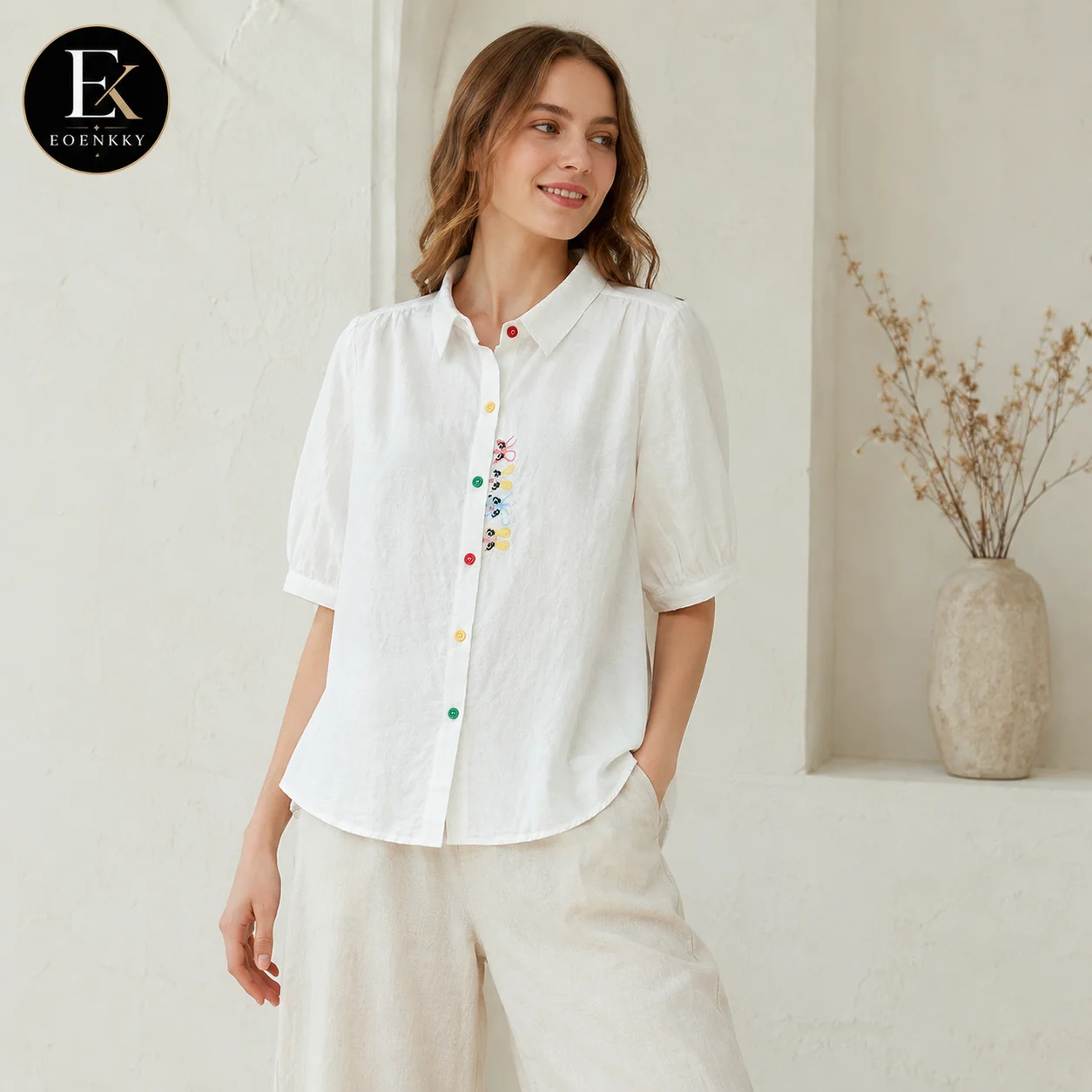 EOENKKY Women’s Cotton Blend Gauze Rabbit Embroidered Button Up Shirt Summer Short Sleeve Loose Fit Blouse