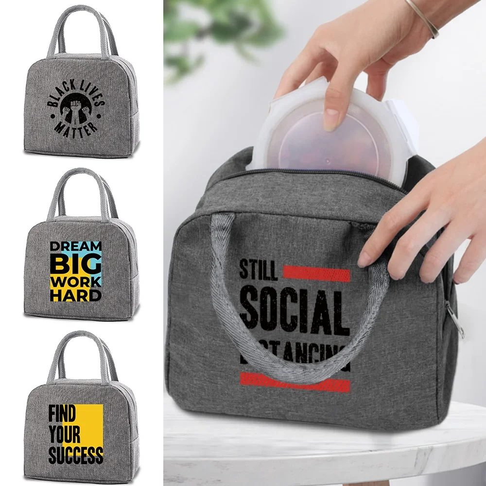 

Lunch Bag Food Dinner Bag Thermal Box Durable Office Cooler Word Printed Canvas Box Bags Organizer Insulated Case Picnic Handbag