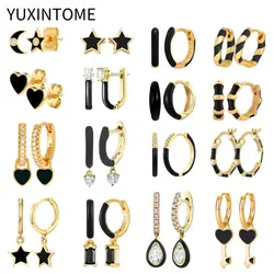 Black Enamel Hoop Earrings for Women 925 Sterling Silver Ear Needle Heart/Star/Smiling Face Pendant Earrings Fashion Jewelry
