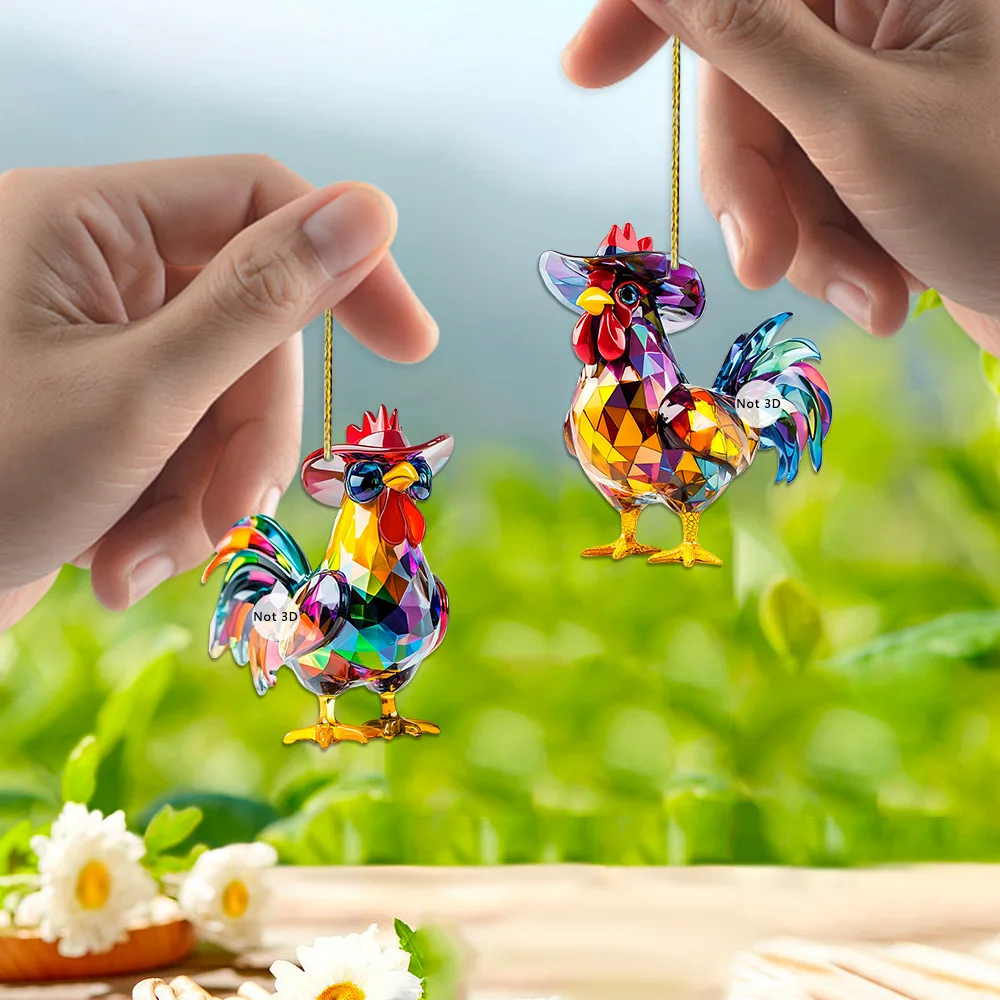 Cute Colorful Rooster 2D Flat Acrylic Keychain Bag Pendant Car Rearview Mirror Hanging Pendant Decoration Backpack Accessories