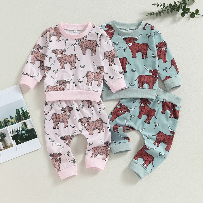 2023-07-01 Lioraitiin 6M-3T Autumn Toddler Baby Girls Clothes Cow Print Long Sleeve Sweatshirt and Casual Pants Set Outfit Suit