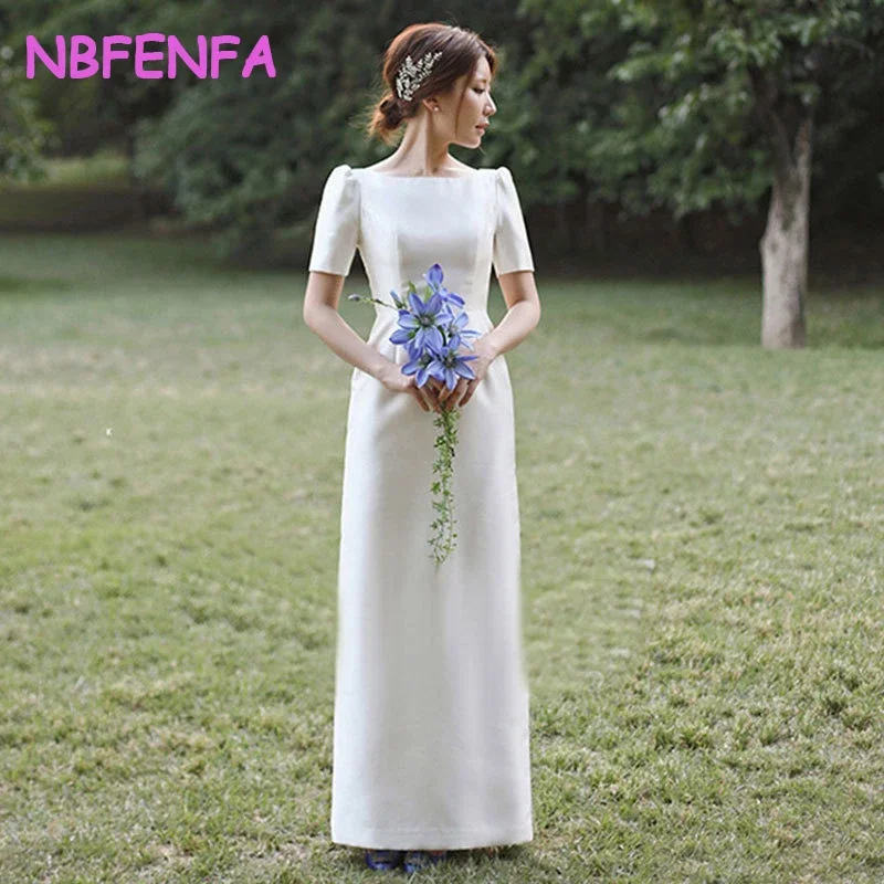 Elegant Satin White Light Wedding Dresses Korean Travel Photography Simple Bubble Short Sleeve Bride Floor-length Evening Dress