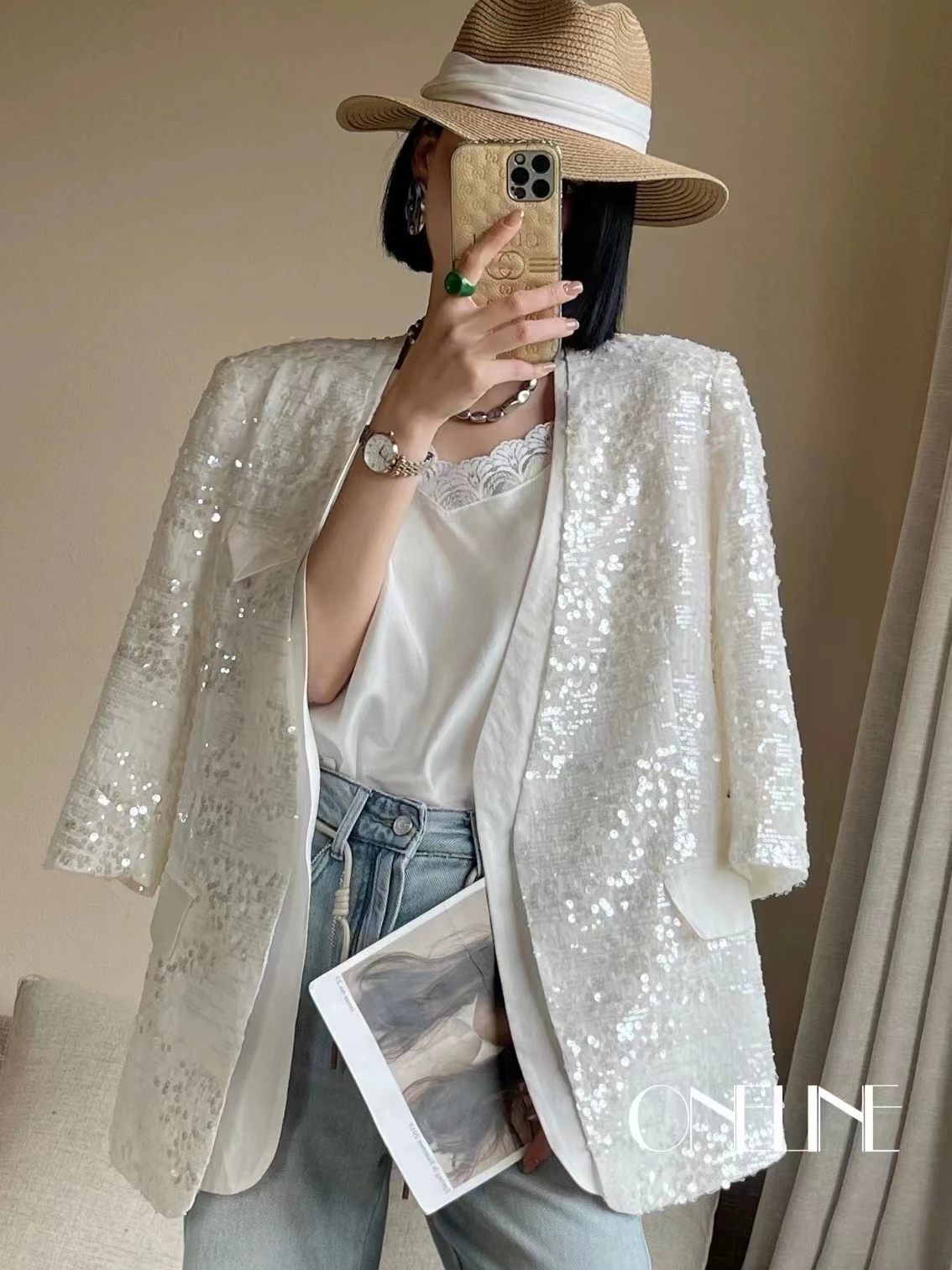 Women New In 2023 Korean V-neck Sequin Tailored Jacket Women\'s Mid Length Shiny Party Casual Sparkling Blazer Top Clothing