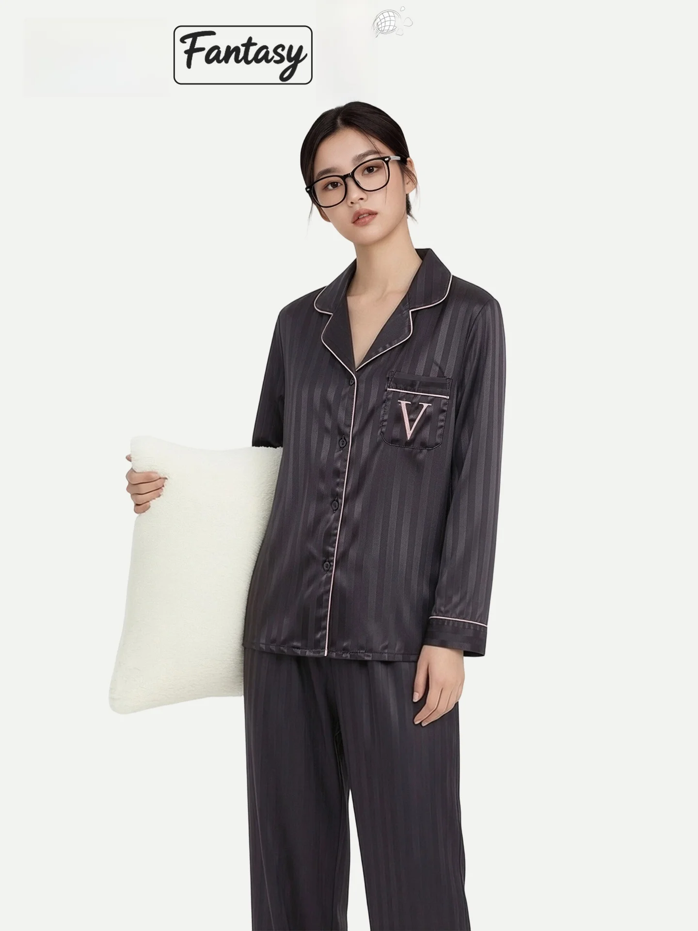 PinkBread Striped Silk Sleepwear Long Sleeve Women's Home Clothes Summer Outwear Comfortable Breathable Moisture Wicking