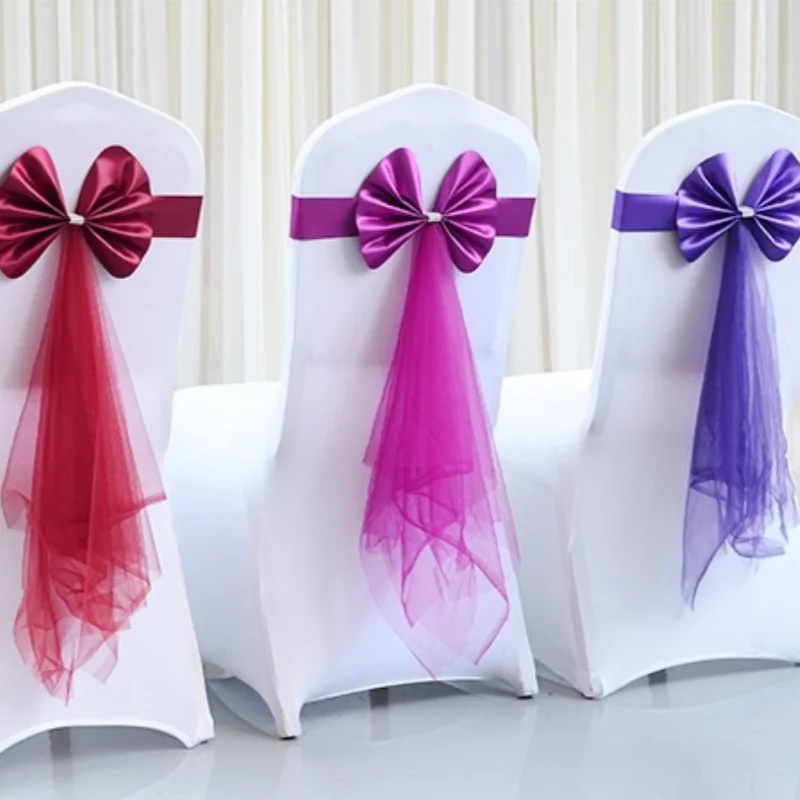 

Popular Chair Back Decoration Elegant Stretch Chair Bow Organza Ribbon Chair Decor For Birthday Hotel Wedding Accessories