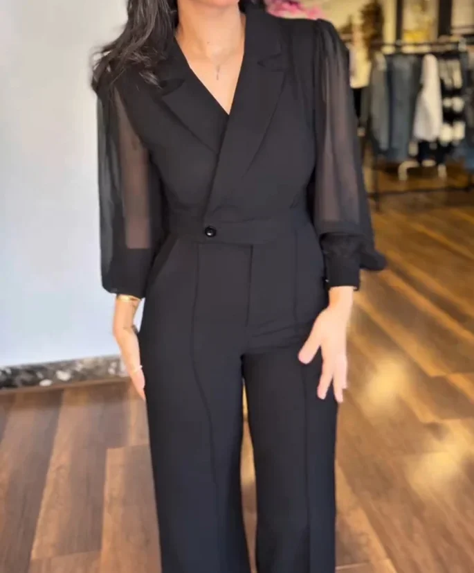 

Summer Long Jumpsuits Temperament Women Notched Collar Sheer Puff Sleeve Romper Women's Casual High Waist Pocket Design Jumpsuit