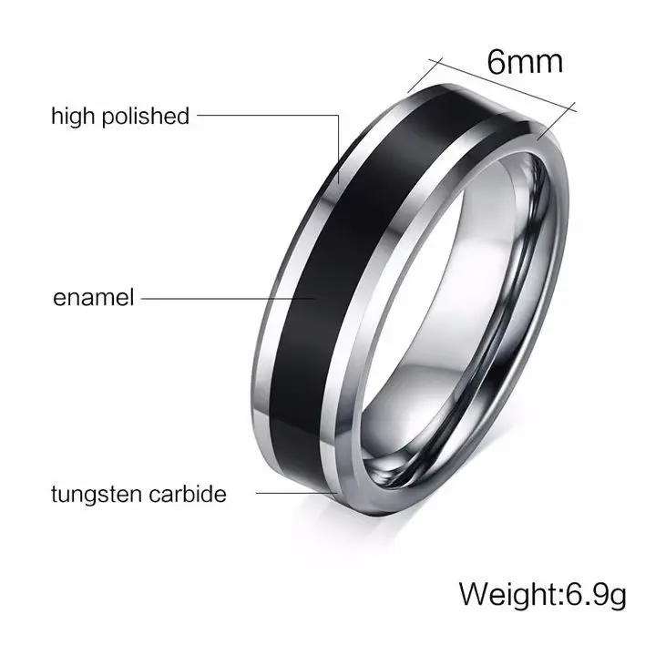 6MM Men\'s Tungsten Carbide Black Enamel Ring Wedding Band
