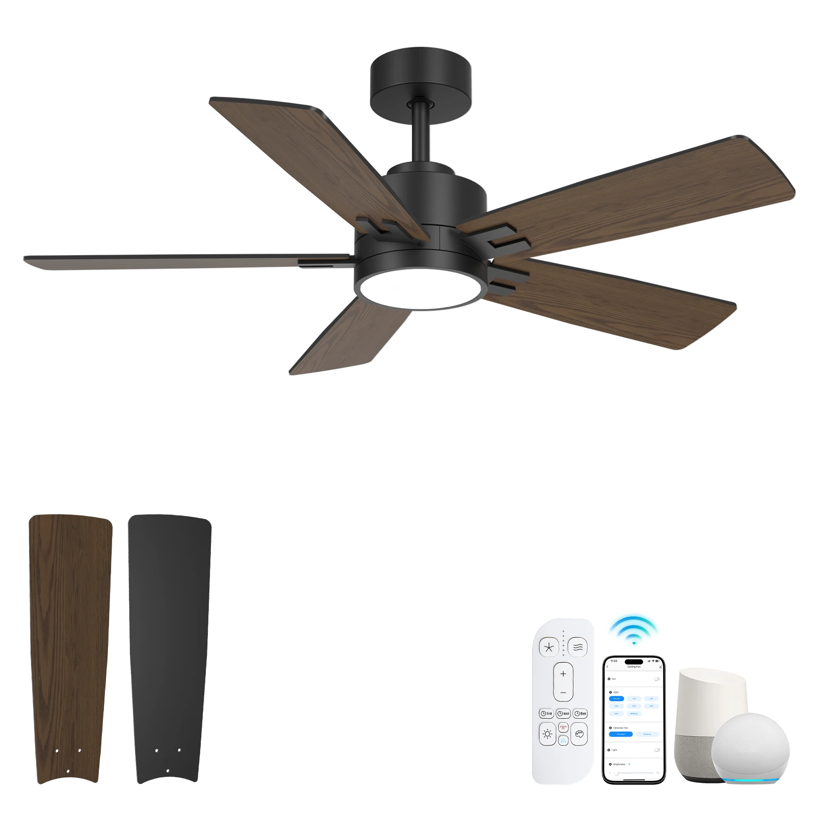 

42 Inch Smart Ceiling Fan with Light for Modern Bedroom, Low Profile Ceiling Fan with Reversible Quiet DC Motor (Black & Walnut)