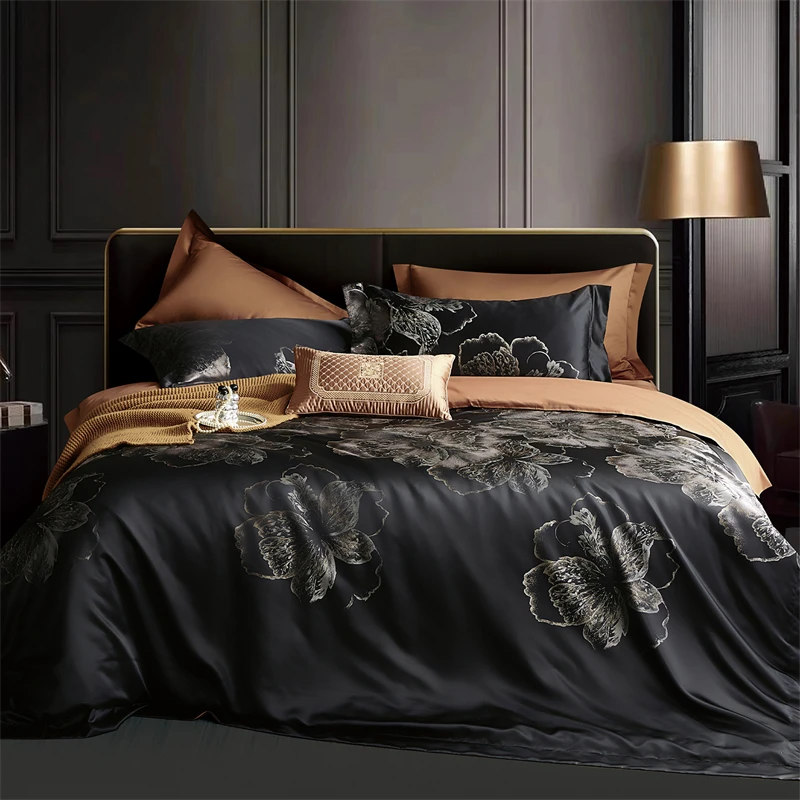 1000TC Egyptian Cotton Floral Jacquard Silky Satin Bedding Set Duvet Cover Pillowcase Elegant Luxury Bed Linen For Villa Bedroom
