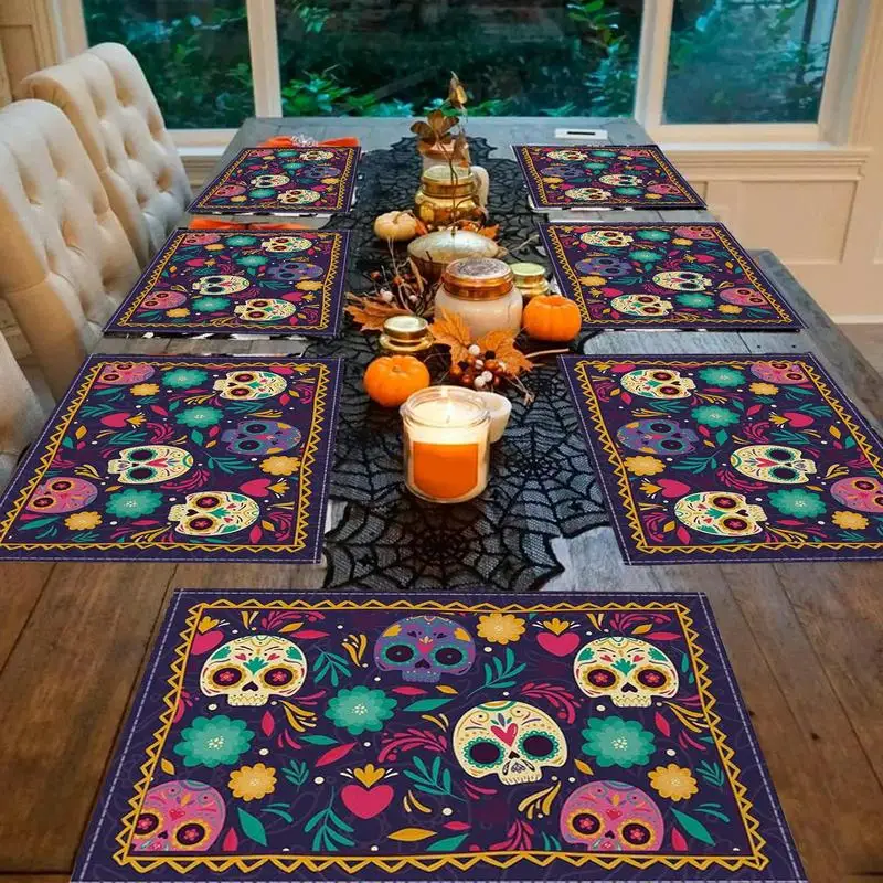 Halloween Placemats Set 4Pcs 45x30cm kull Day of The Dead  Print Table Mats  Halloween Table Mats for Decoration For Home Hotel