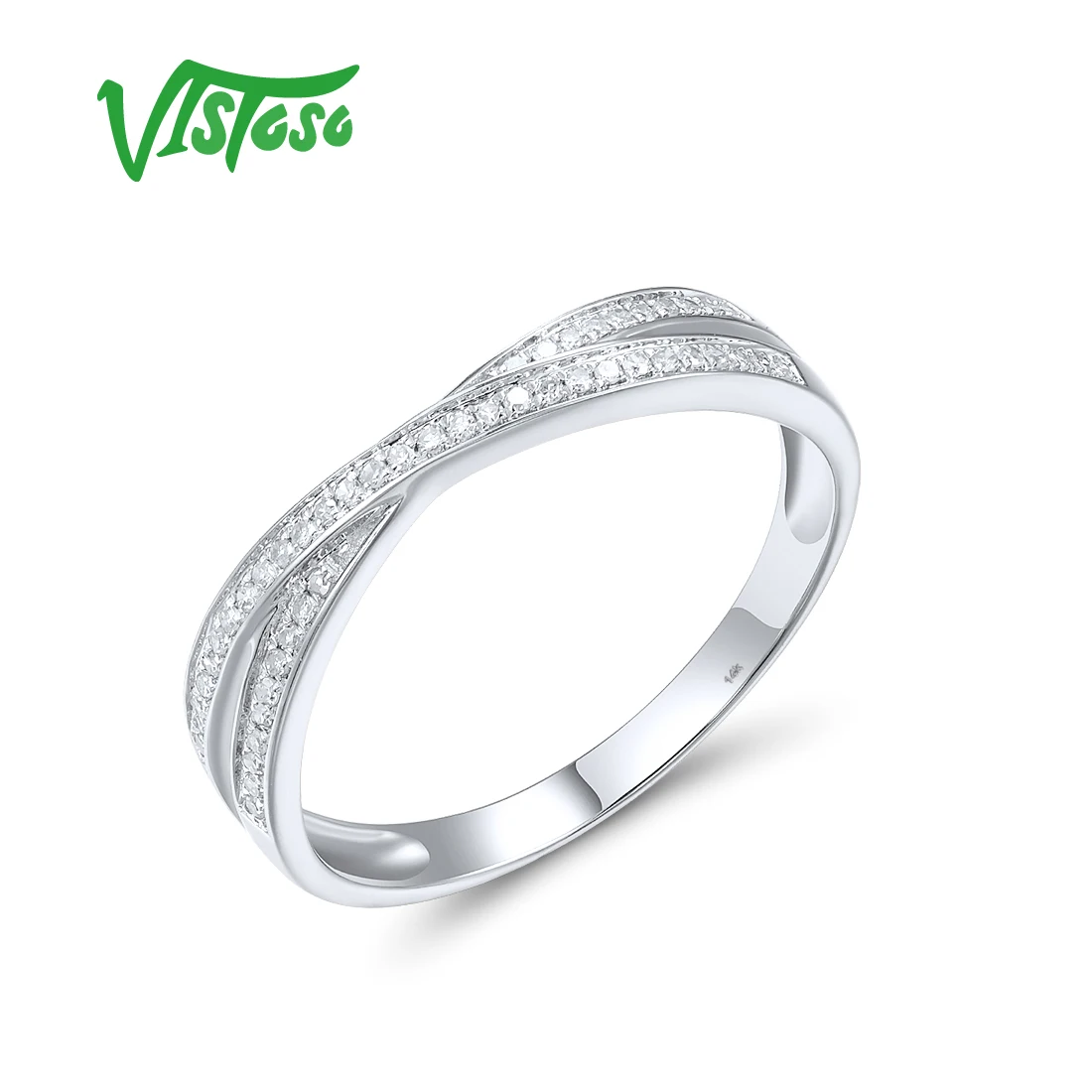 VISTOSO Real 14K 585 Rose White  Gold Sparkling Diamond Delicate Ring For Women Anniversary Engagement Fashion Chic Fine Jewelry