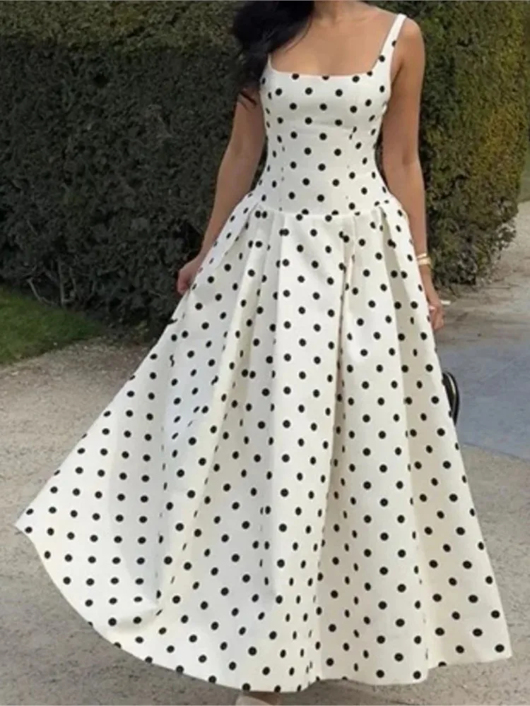 Nieuwe zomer elegante dames polka dot spaghetti boho maxi-jurk, vintage vloeiende lange jurk, chique vakantie strandfeest vestidos