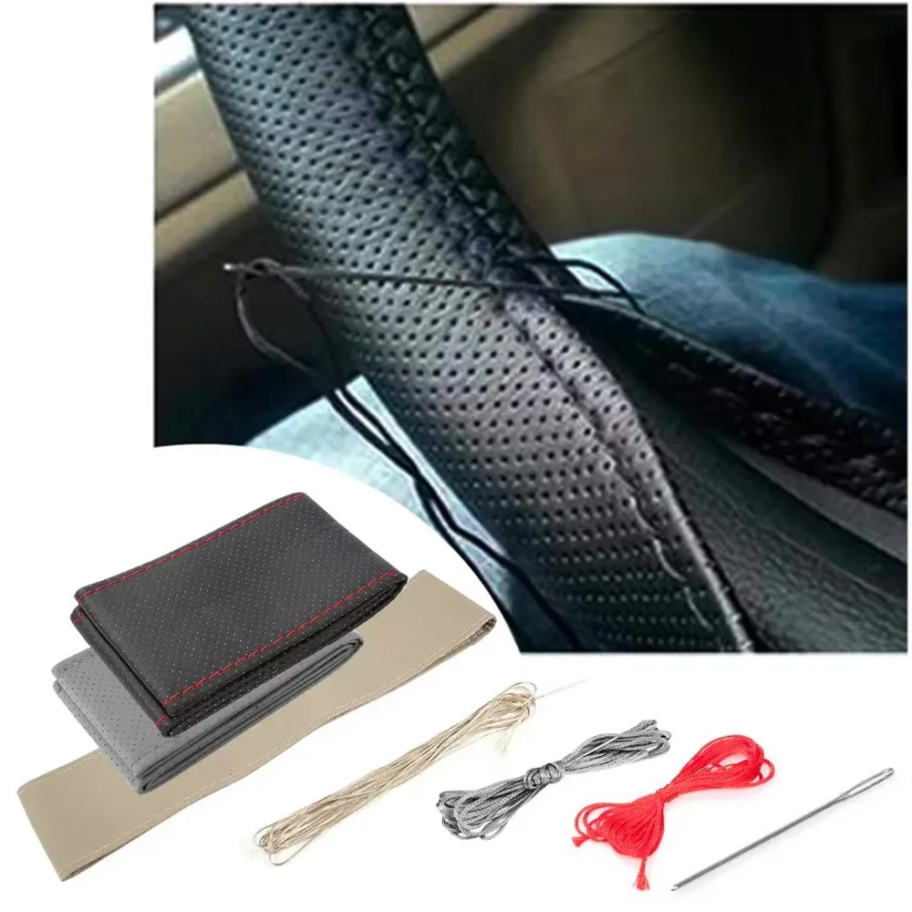 DIY PU Leather Steering Wheel Cover - Non-Slip Hand Stitched Cover with Needles & Thread, 4 Colors Soft Grip for Auto/Car