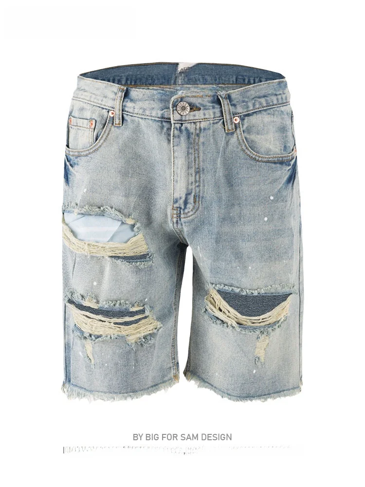 

Big for Sam Men's Distred Denim orts Street Sle Spla Ink Poor Man's Pants Medium Waist ort Length Cotton Jeans