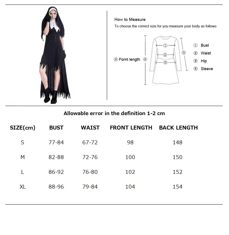 Women's Dreadful Nun Costume Halloween Cosplay Fancy Dress Graveyard Zombie Vampire Witch Costume