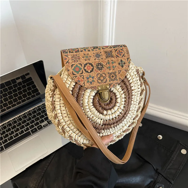 

Luxury Round Design Crossbody Shoulder Bag Fashion Color Blocking Women Straw Woven Beach Bag New Ladies Purse and Handbag Bolsa