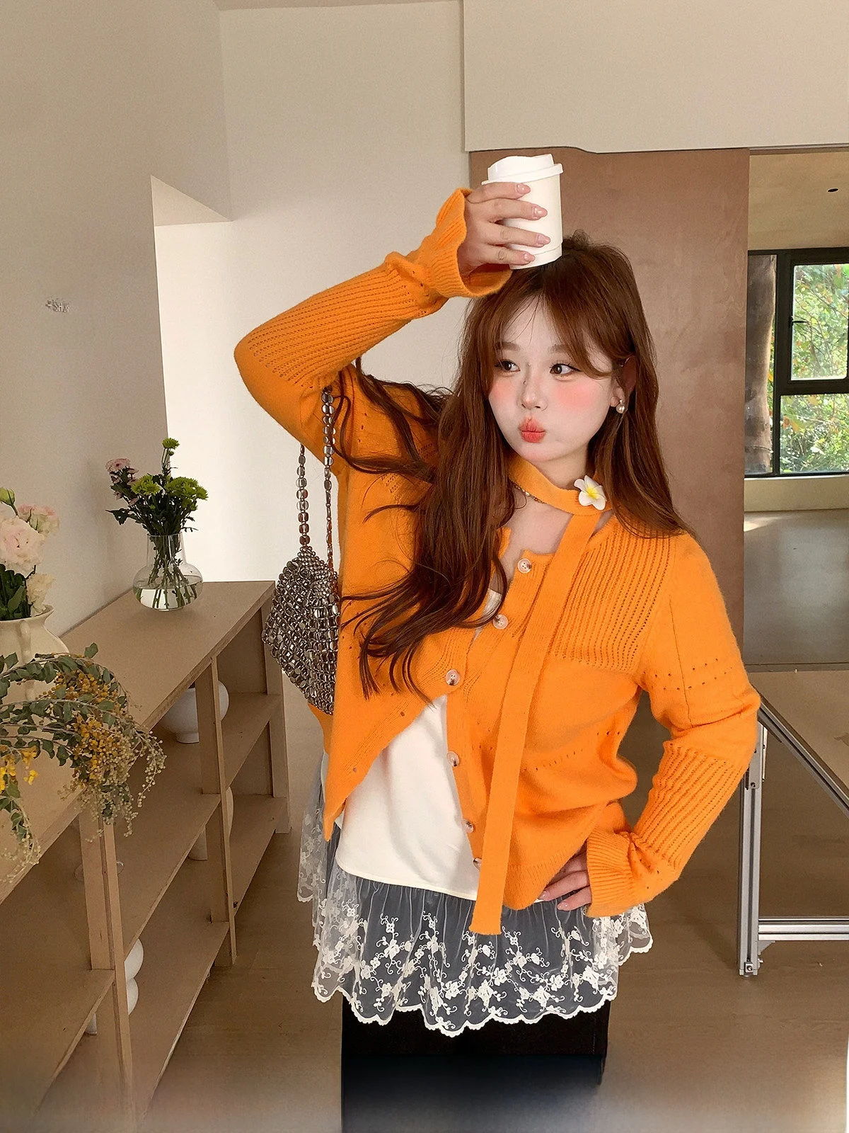 

Женский вязаный кардиган Xu Da Bu больших размеров, нежный, милый, ажурный, удобный, длинный, с круглым вырезом