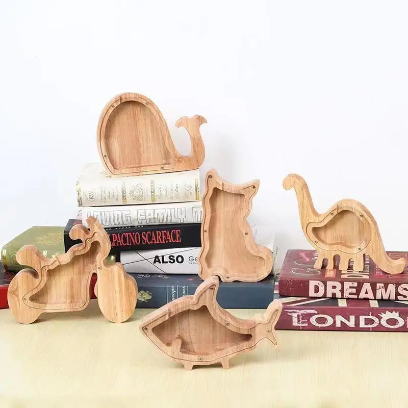 Wooden Animal Piggy Bank Transparent Cat Elephant Dinosaur Wood Carving Piggy Bank Children Piggy Bank Storage Jar Desktop Decor
