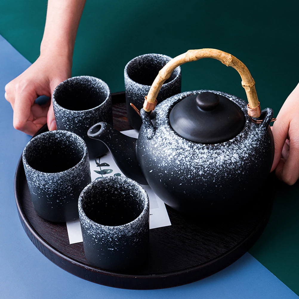 

Japanese Style Ceramic Teapot Large Capacity Portable Bamboo Handle Tea Pot For Home Office Outdoor Use Retro Design