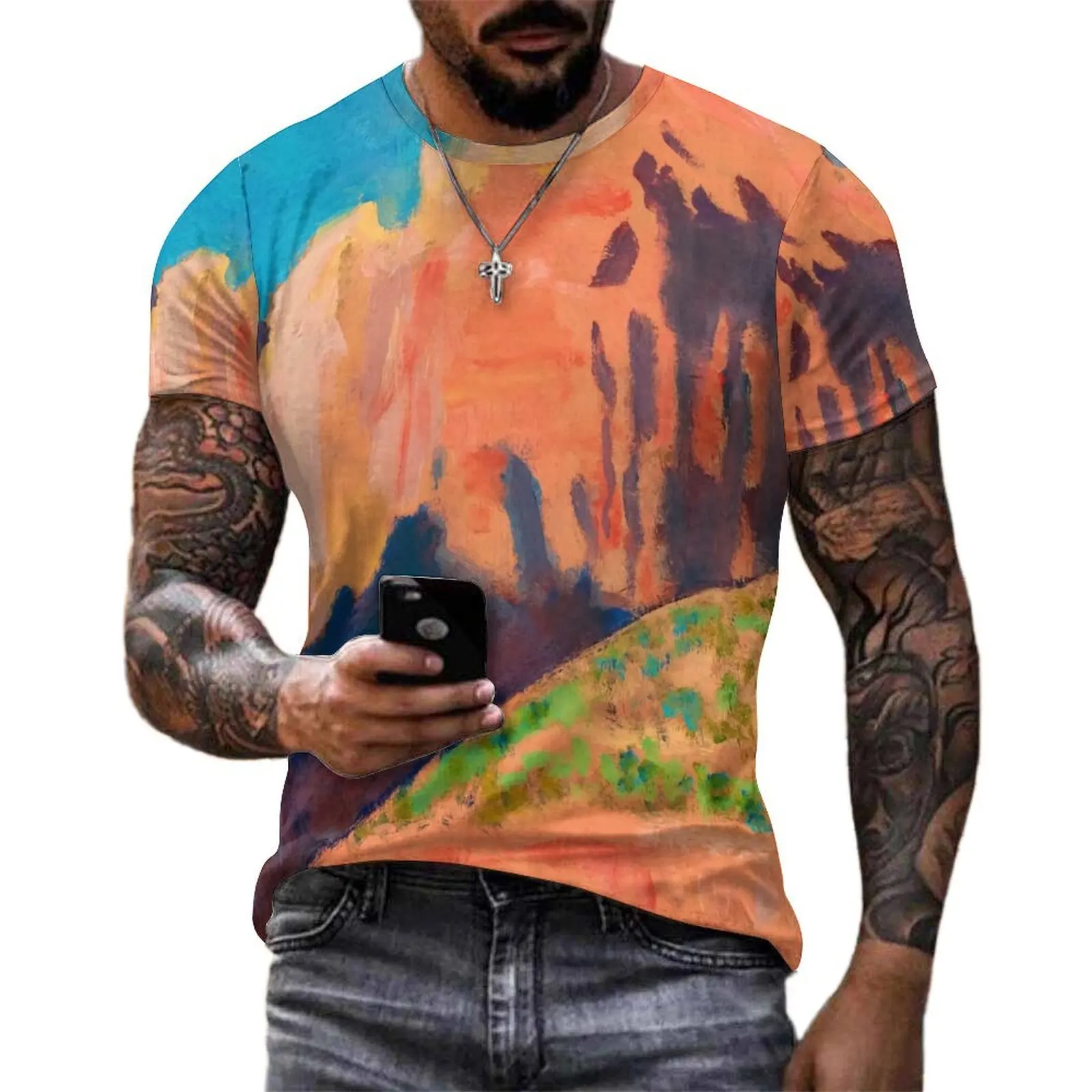 Men Desert Print T-Shirt Maynard Dixon Harajuku T-Shirts Short Sleeves Custom Tshirt Hot Sale Summer Funny Oversized Top Tees