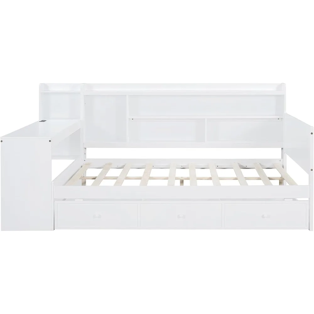 SOFTSEA Sofá de tamanho completo com gavetas de armazenamento e Bokcase, sofá de madeira com mesa, estante e portas USB para crianças, adolescentes e adultos, L Sh