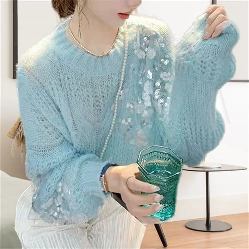 Stylish Solid Color Spliced Sequined Asymmetrical Sweater Female Clothing 2022 Autumn New Casual Pullovers All-match Sweet Tops