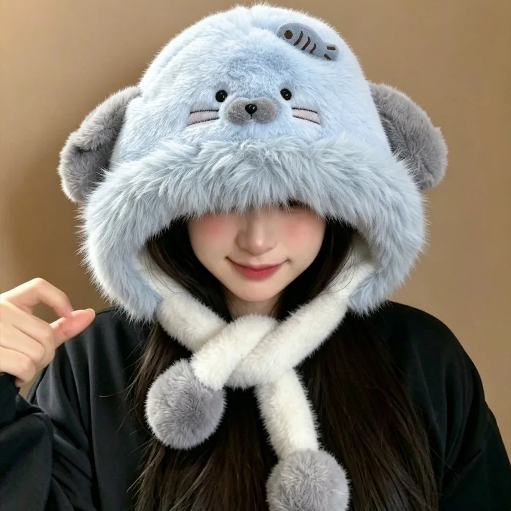 Cute Polyester Seal Trapper Hat 56cm to 58cm Head Circumference Earflap Winter Ear Protection Hat Moving Ears Hat For Women