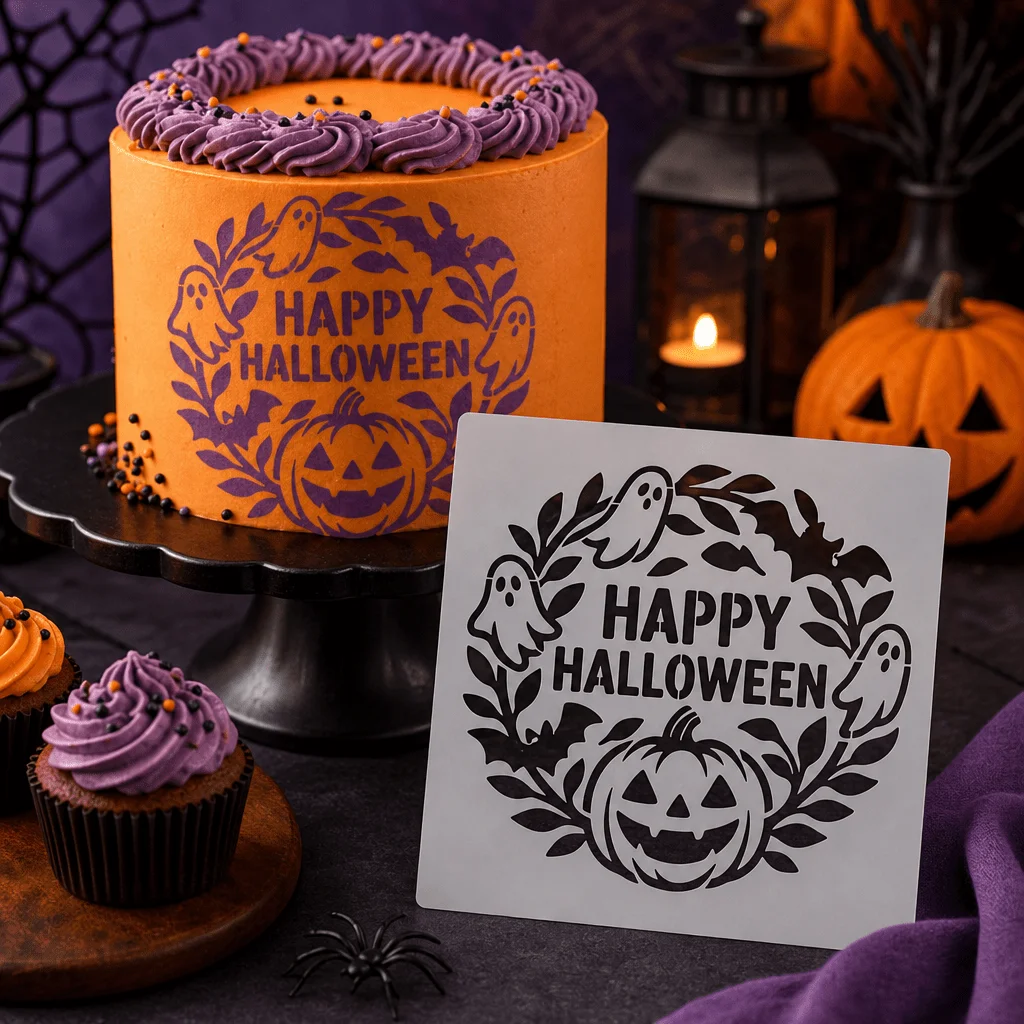 Halloween Cake Cookie Stencils 3Pcs PET Food Grade Pumpkin Ghost Wreath Template for Dessert Coffee Baking Decorating Tools