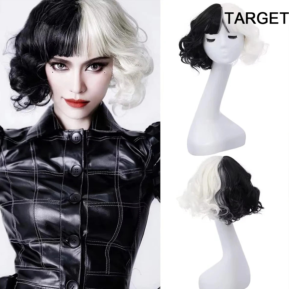 Short Half Black And Half White Wig 12''Curly Wavy Shoulder Length Pastel Synthetic Cosplay Wig