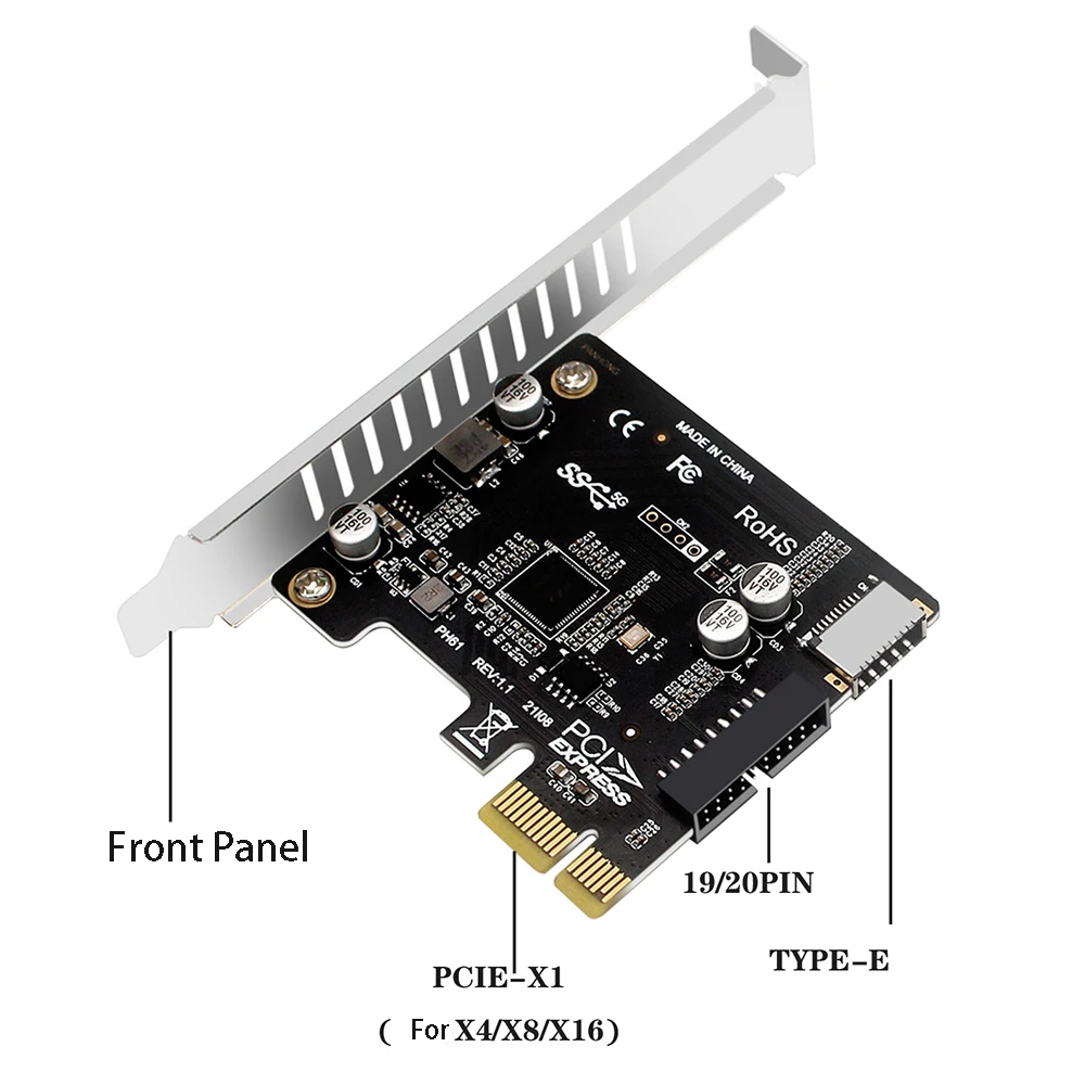 PCIE to USB 3.0 Expansion Card 5Gpbs Type E Converter Front Panel PCI Express 1x 4X 8X 16X to 19P 20PIN Type C Mount Adapter