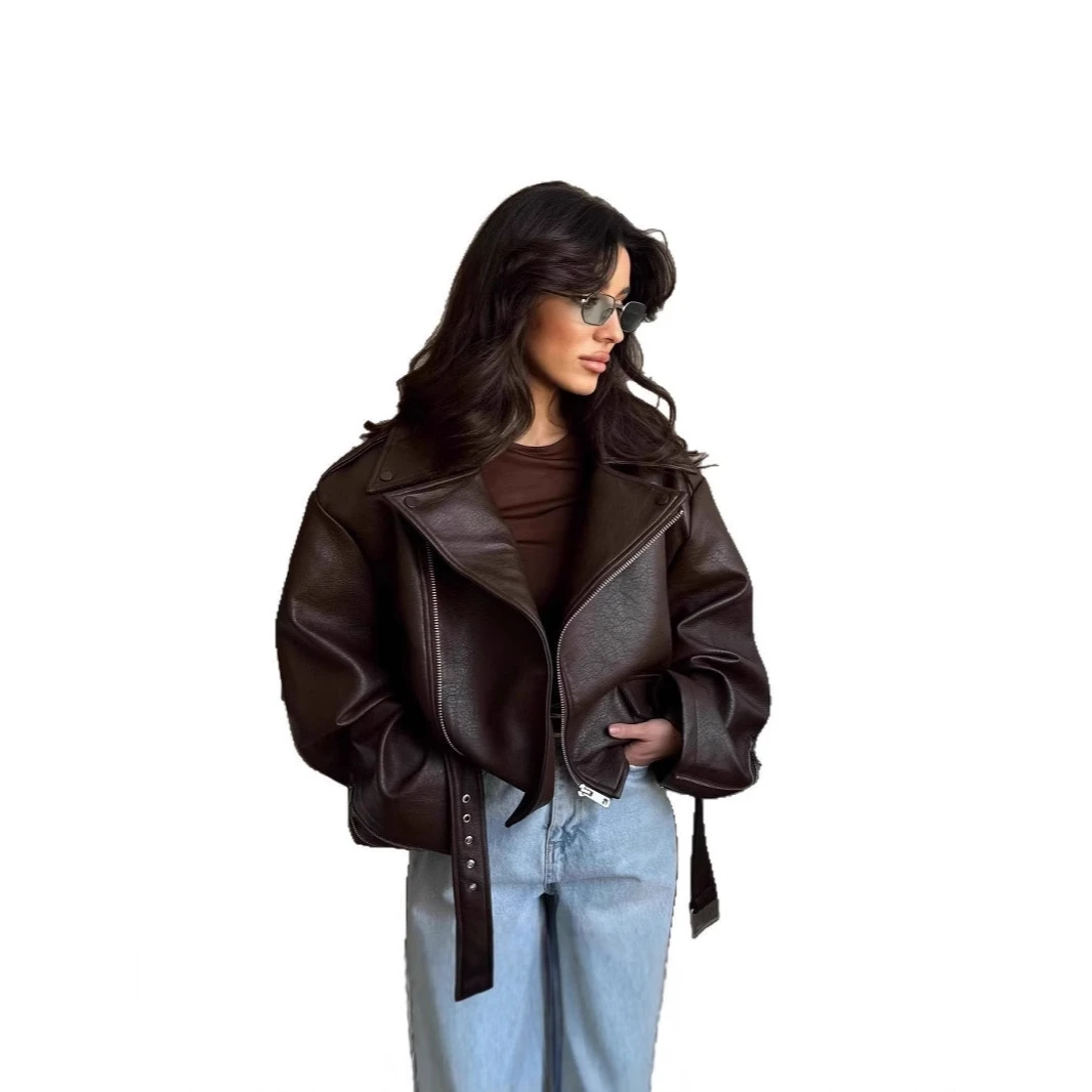 Brown Belted Collared PU Leather ort Jaet Casual Loose Vintage Motorcycle Outerwear Street Sle Long Sve Zipper Closure