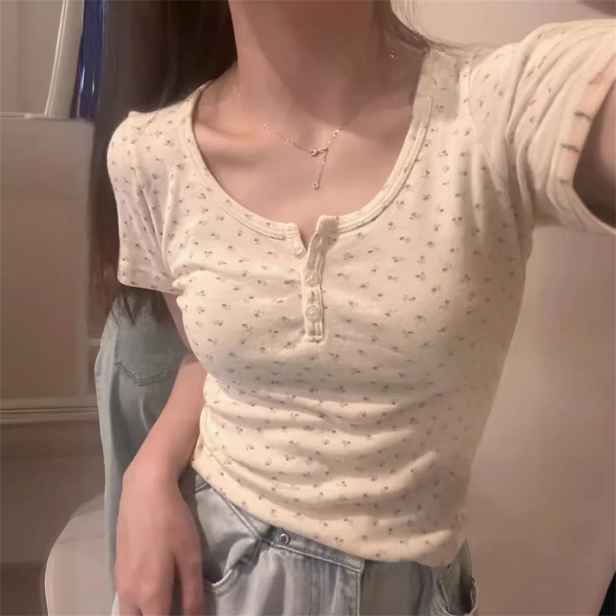 Y2k Short sleeve Sexy U Collar Floral Print Lace Slim T-shirt 2025 Summer Women Clothing Floral Slim Shirt Button T-shirt Top image 2