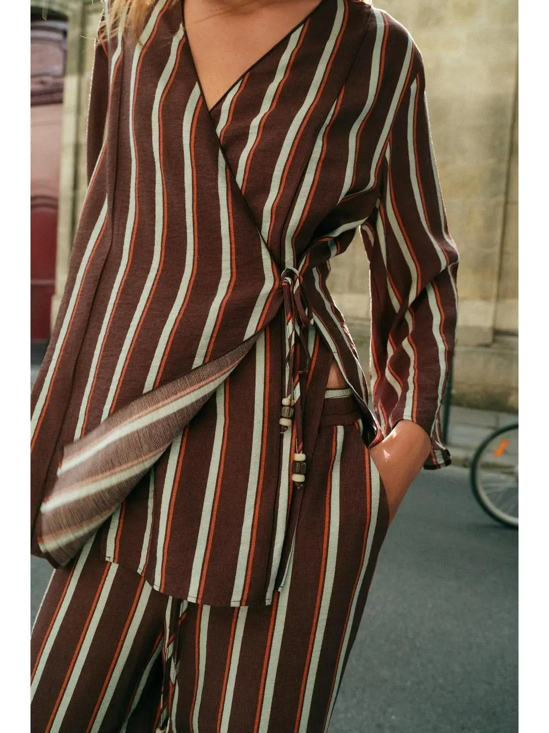 Summer Breeze Striped Double Breasted Wide Leg High Waist Jacket And Pants Set Fashionable Workwear Polyester Fiber