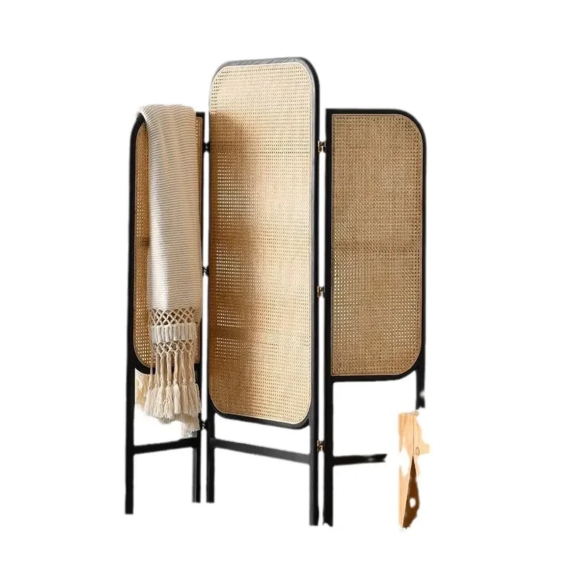 Retro Wabi Style Solid Wood Rattan Folding Screen Movable Room Divider for Home Office Entrance Partition