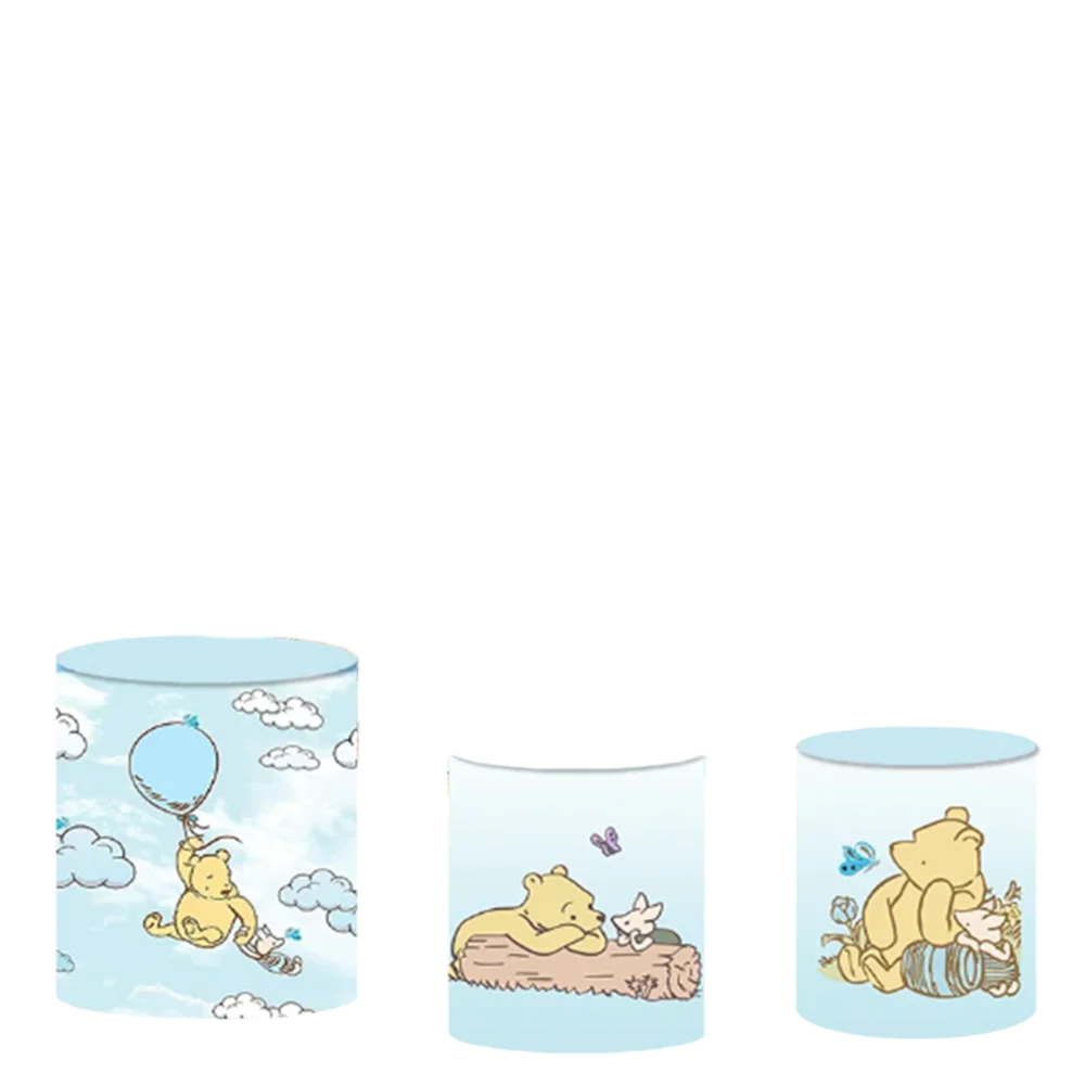 푸우 베어 곰돌이 라운드 배경 및 3 실린더 커버, 사진 배경, 베이비 샤워, 생일 파티 장식, 플린스 커버